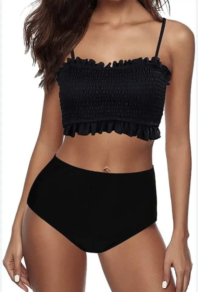 Bikini negro fruncido arriba tiro alto