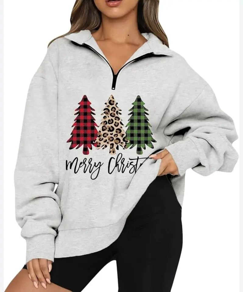 Buzo gris con cierre diseño arboles merry christmas