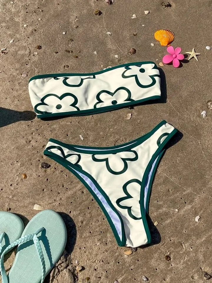Bikini malla bandeau flores verdes