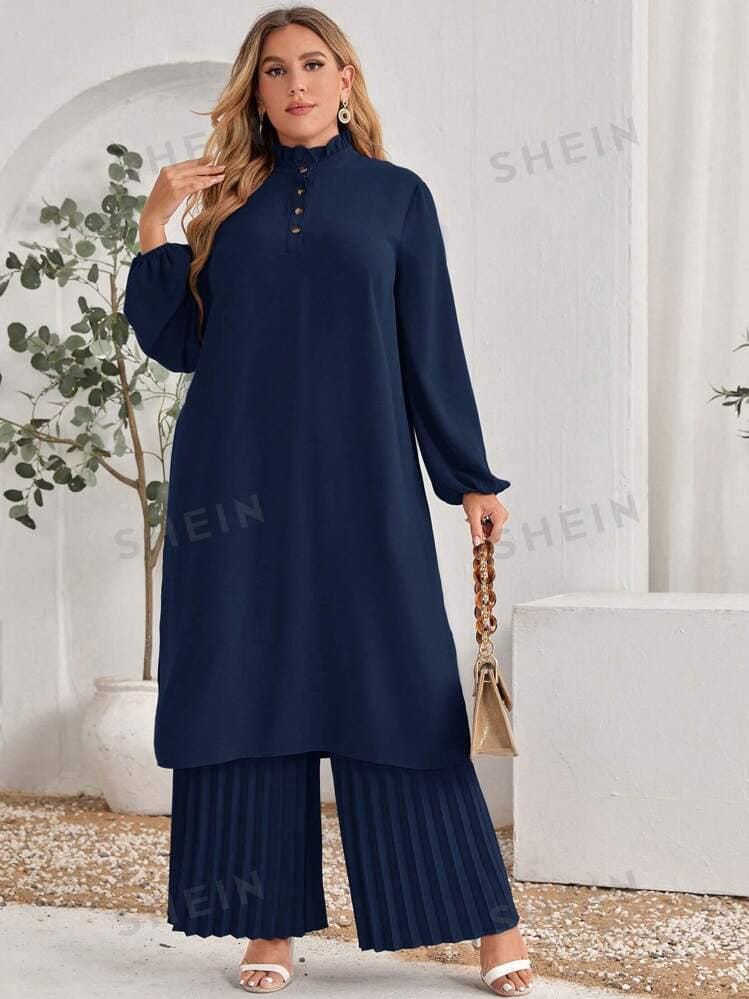 Vestido manga larga azul oscuro tipo tunica no incluye pantalón
