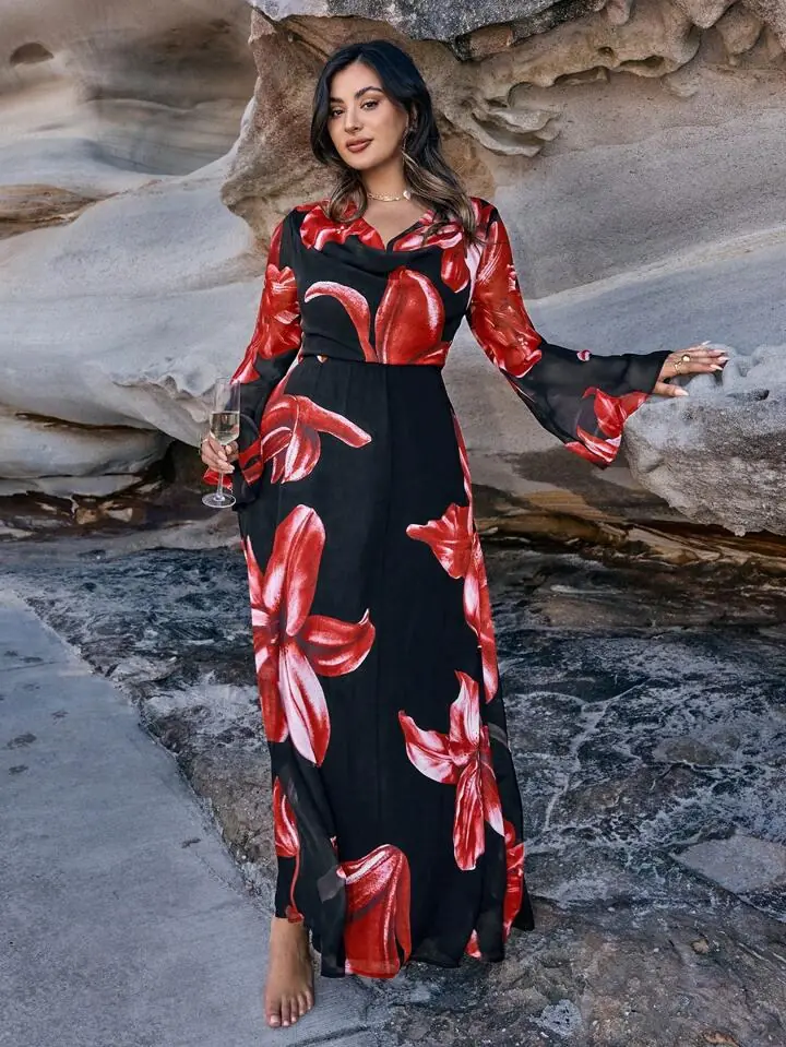 Vestido negro largo flores rojas