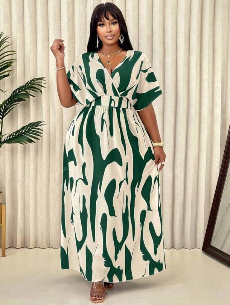 Vestido largo blanco ondas verde oscuro