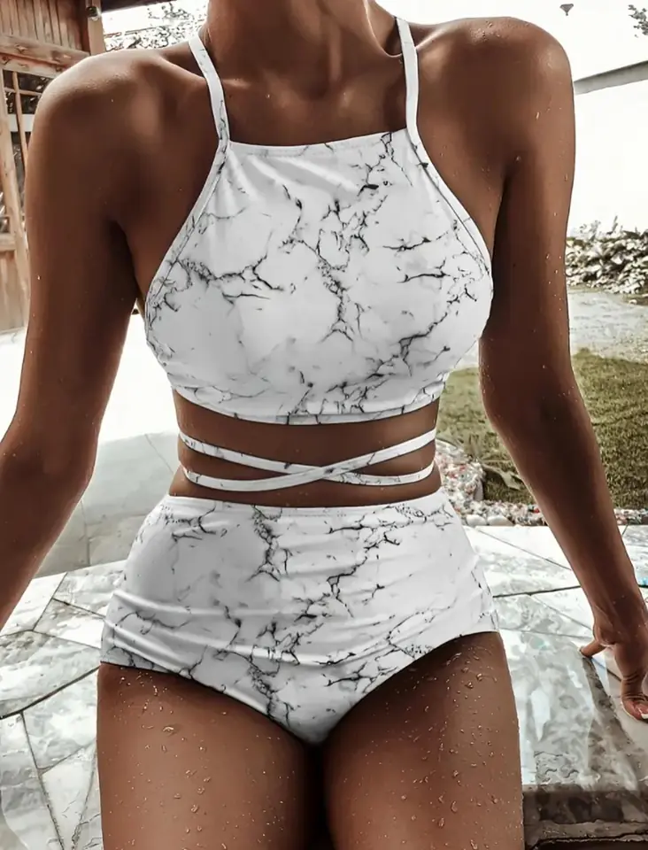 Bikini malla tiro alto blanco marmolado con top