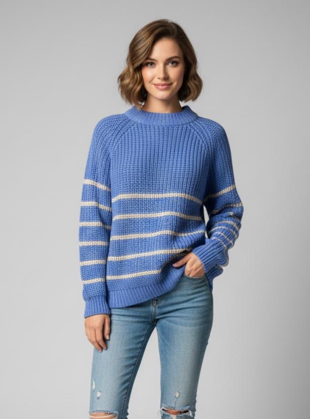 Buzo de punto celeste azul lineas blancas