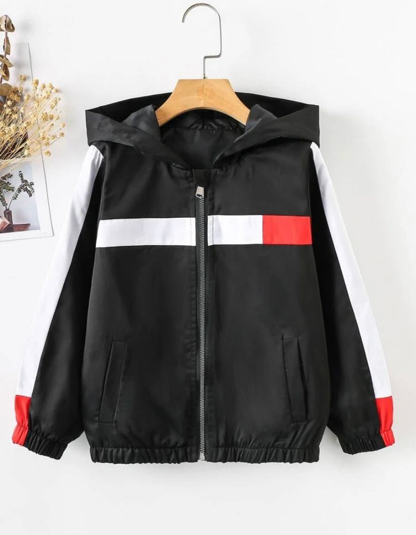 Campera fina tipo nylon negra linea blanca y roja