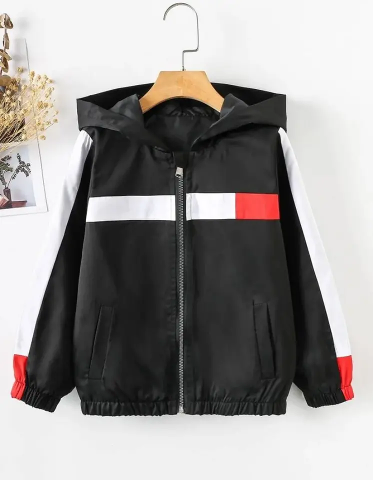 Campera fina tipo nylon negra linea blanca y roja