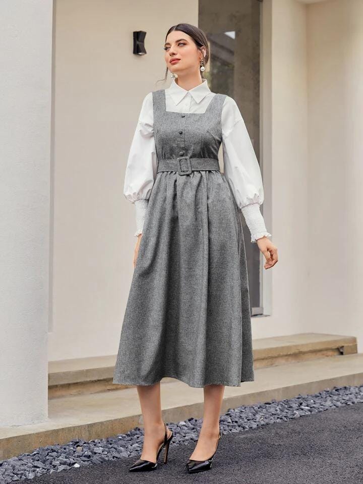 Vestido gris largo con cinto y botones no incluye camisa