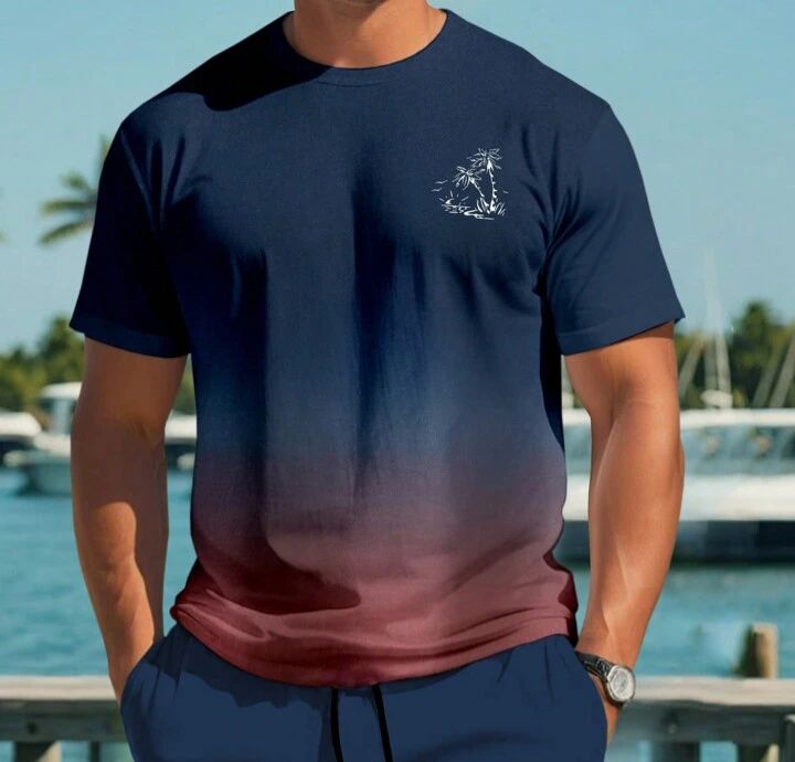 Remera azul degrade a rojo con palmeras