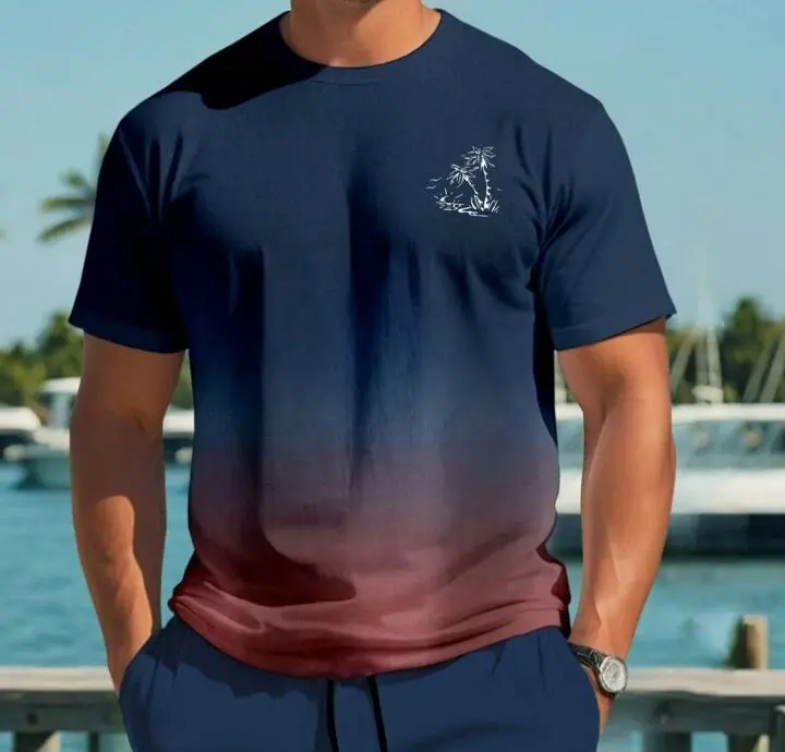 Remera azul degrade a rojo con palmeras