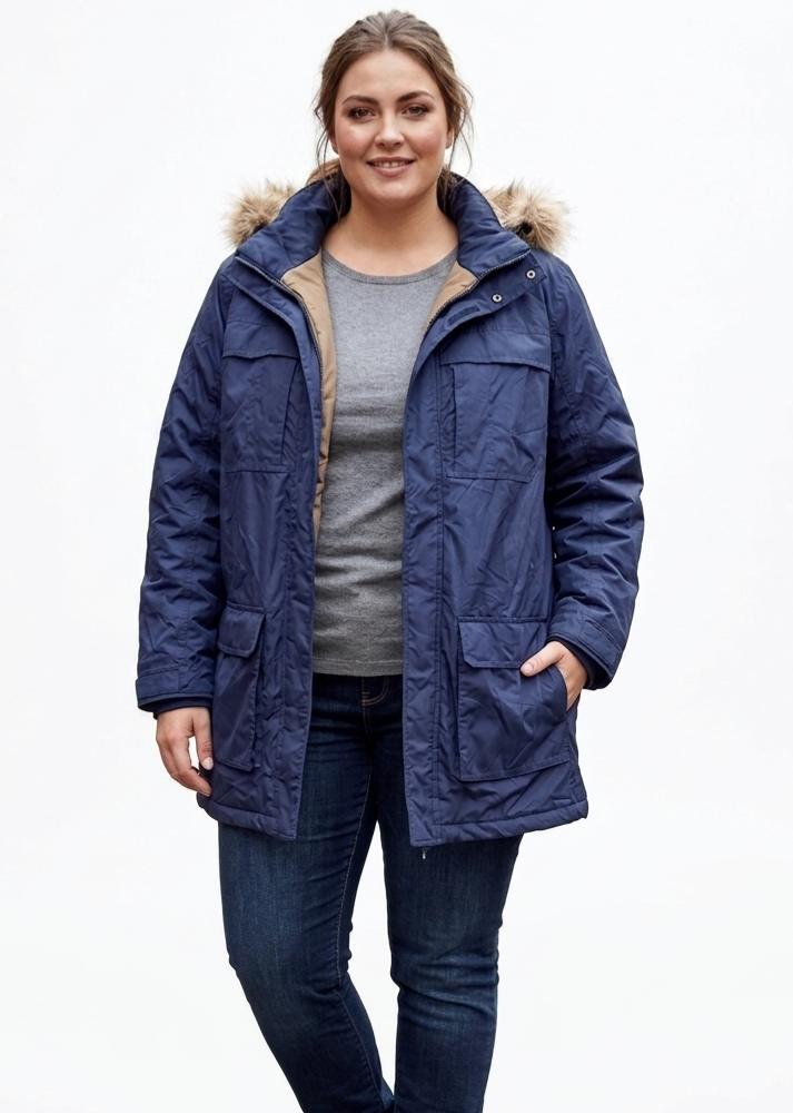 Campera de abrigo azul capucha peluda desmontable