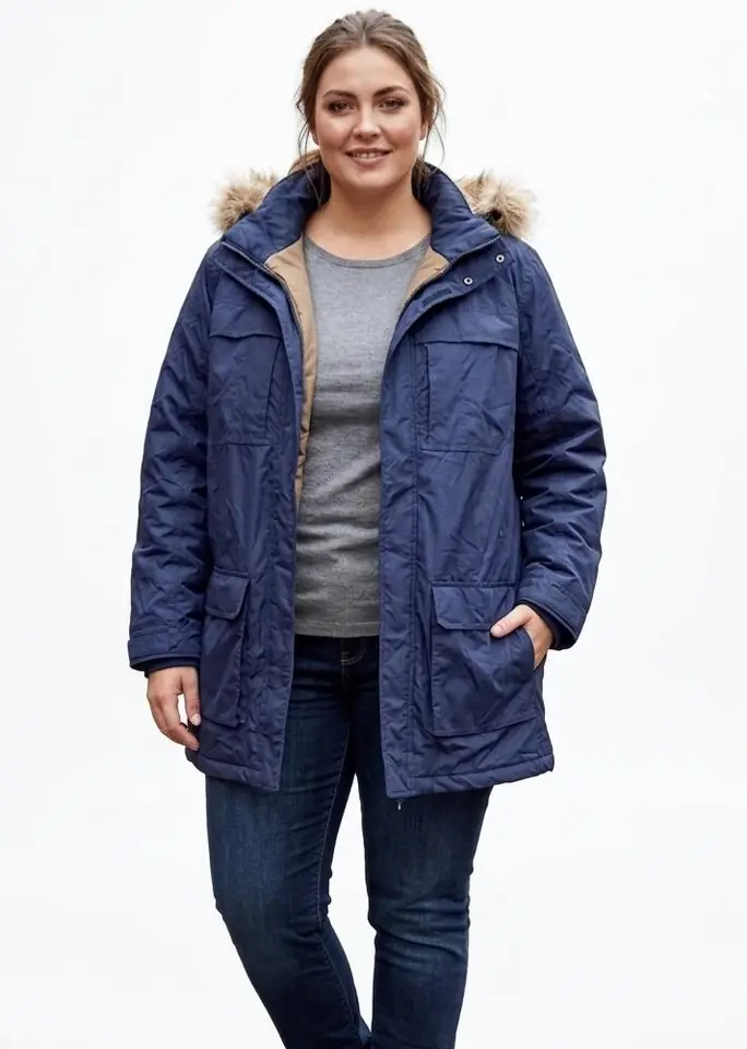 Campera de abrigo azul capucha peluda desmontable