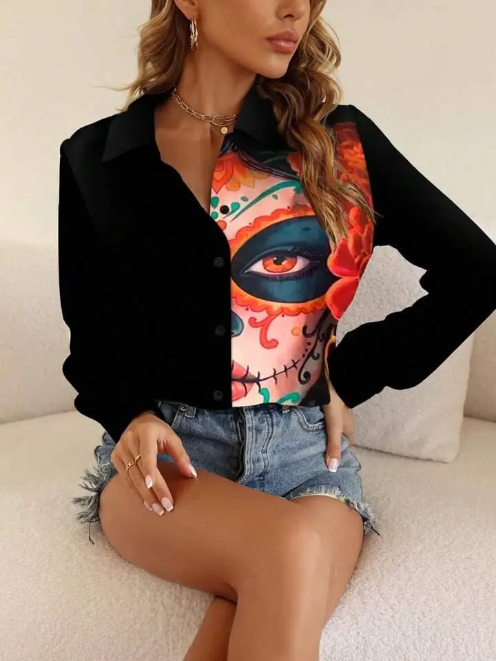 Camisa negra con cara de catrina