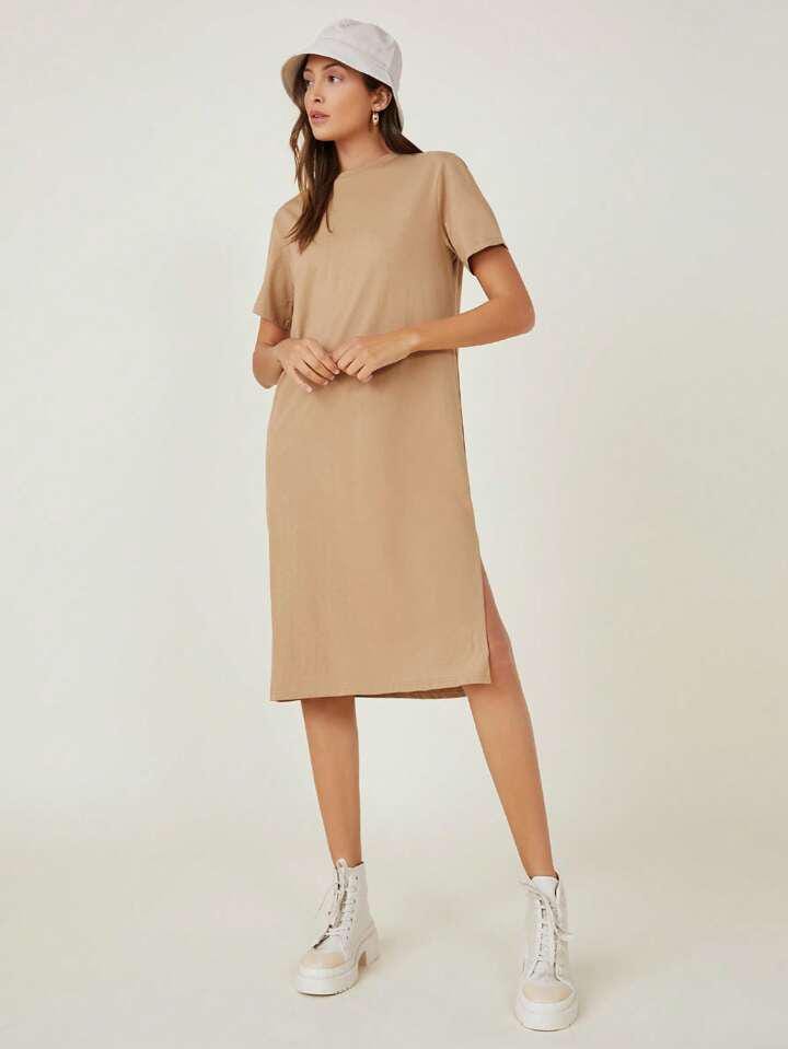 Vestido basico beige con cortes