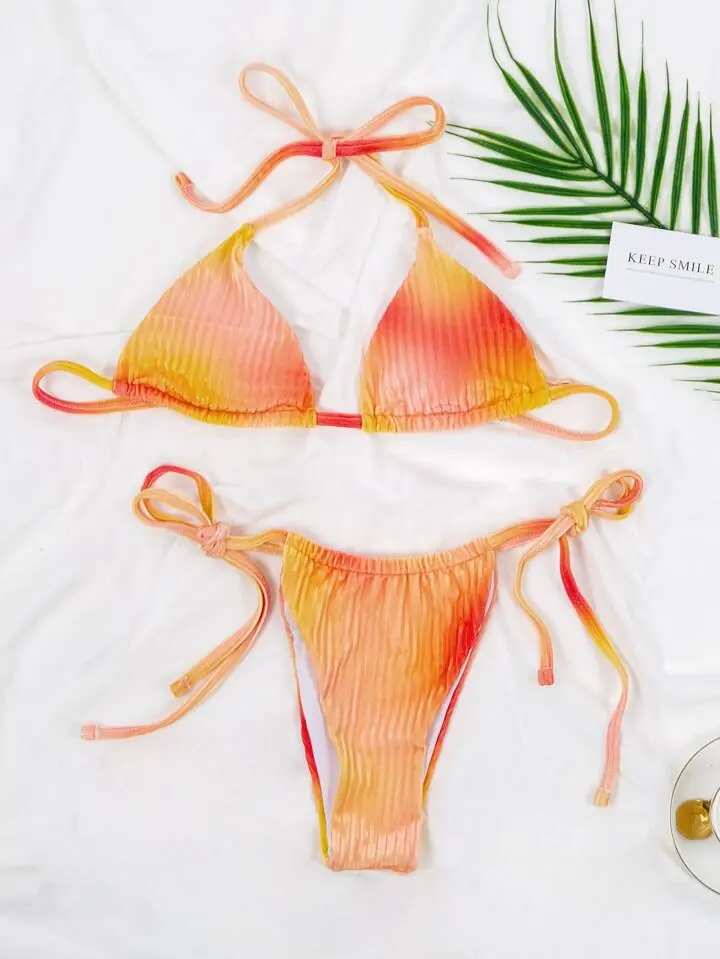 Bikini aterciopelado regulable rosa y naranja