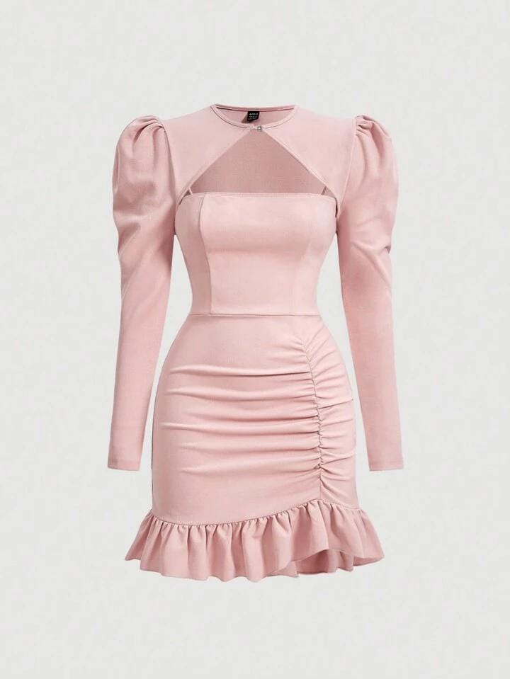 Vestido rosa claro manga farol con frunce