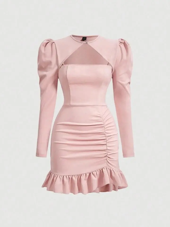Vestido rosa claro manga farol con frunce