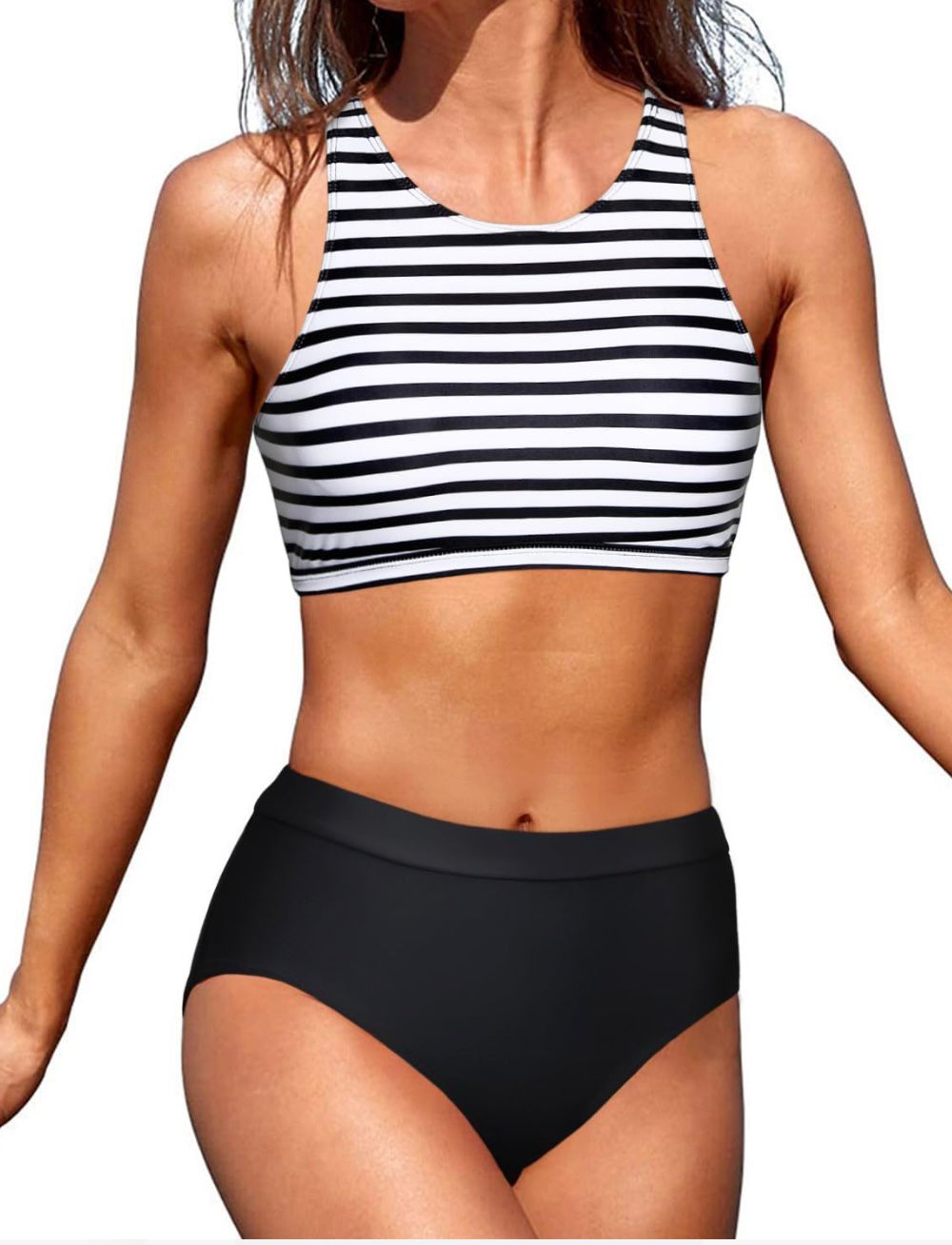 Bikini tiro alto negro y rayas