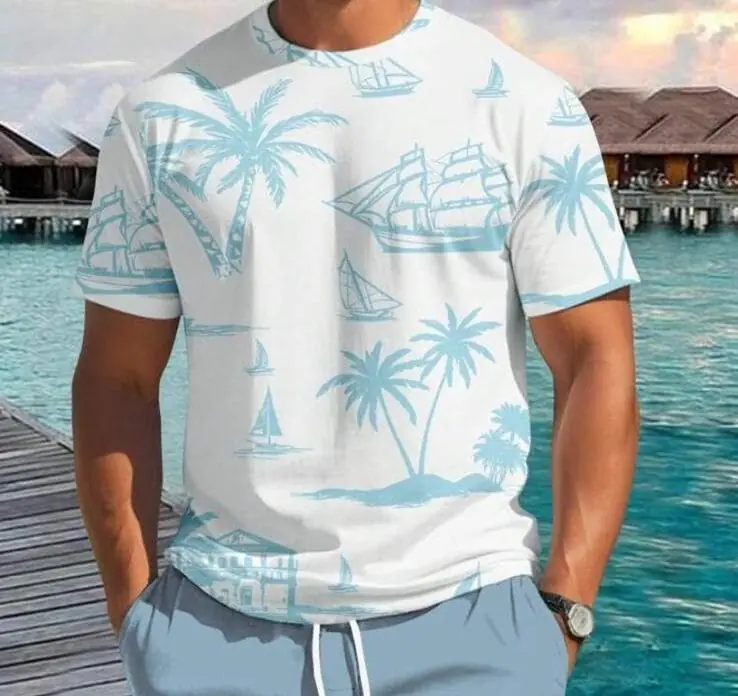 Remera blanca palmeras celestes