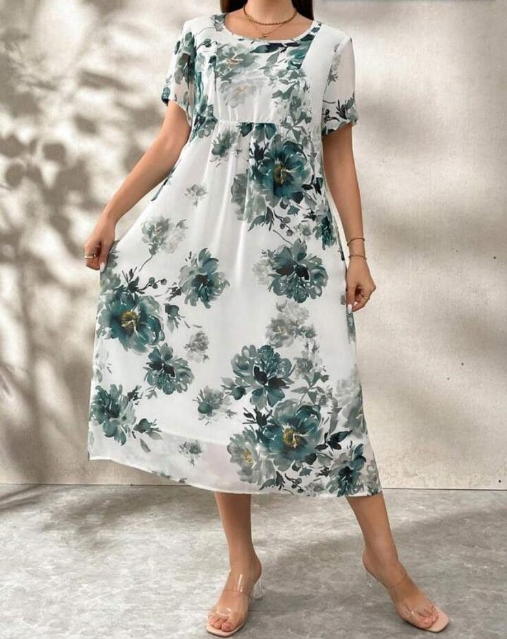 Vestido largo blanco con flores verdes