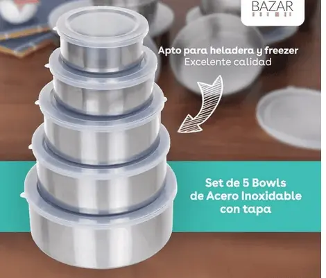 SET X 5 HERMETICOS ACERO INOX CON TAPA SILICONA