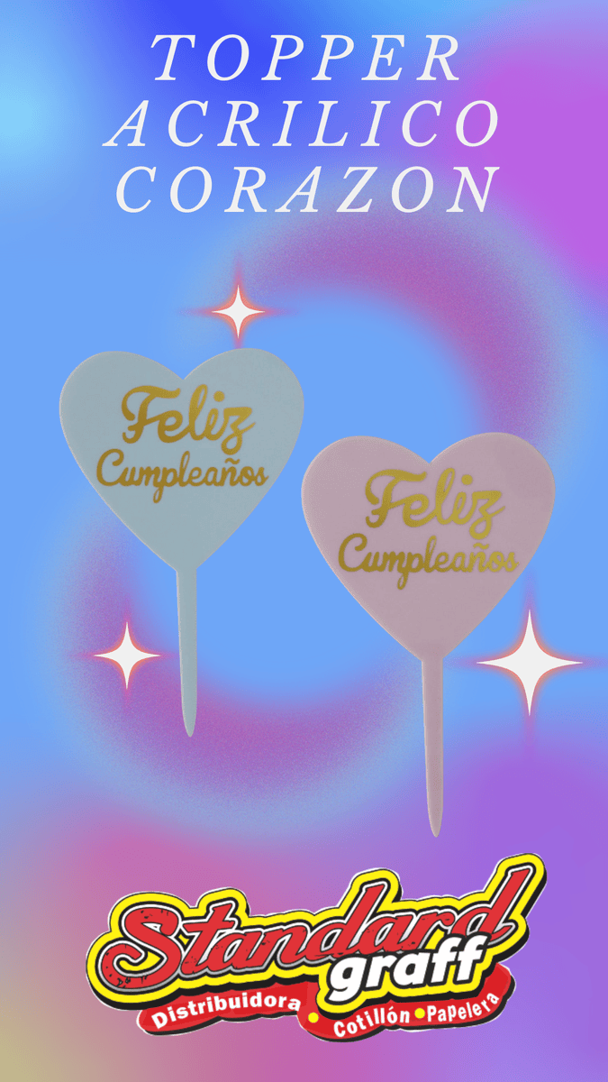 Topper acrilico corazon feliz cumple x1