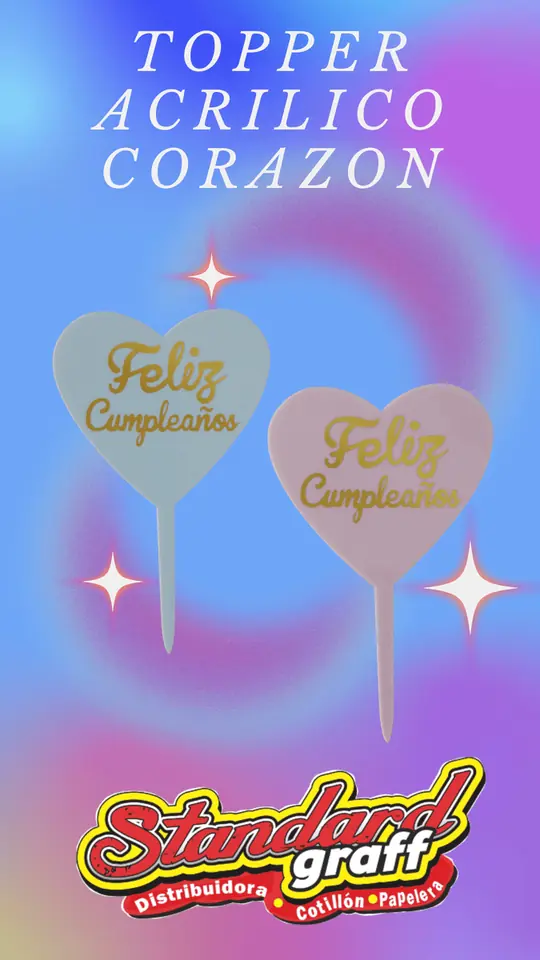 Topper acrilico corazon feliz cumple x1