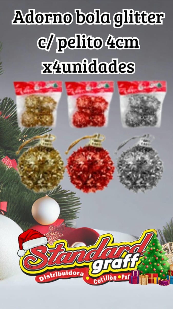 Adorno navidad Bola de glitter con pelitos 4cm - paquete x4 un.