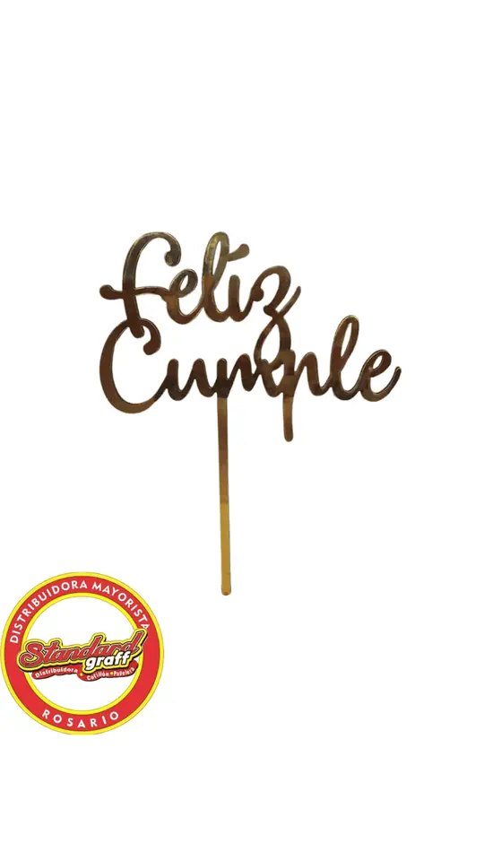 Toppers de Fibrofàcil con vinilo Feliz Cumple Dorado