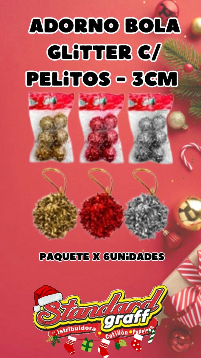 Adorno navidad, Bola glitter con pelitos de 3cm - paquete x6un.