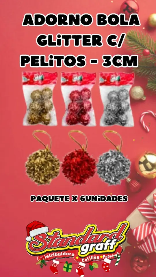 Adorno navidad, Bola glitter con pelitos de 3cm - paquete x6un.