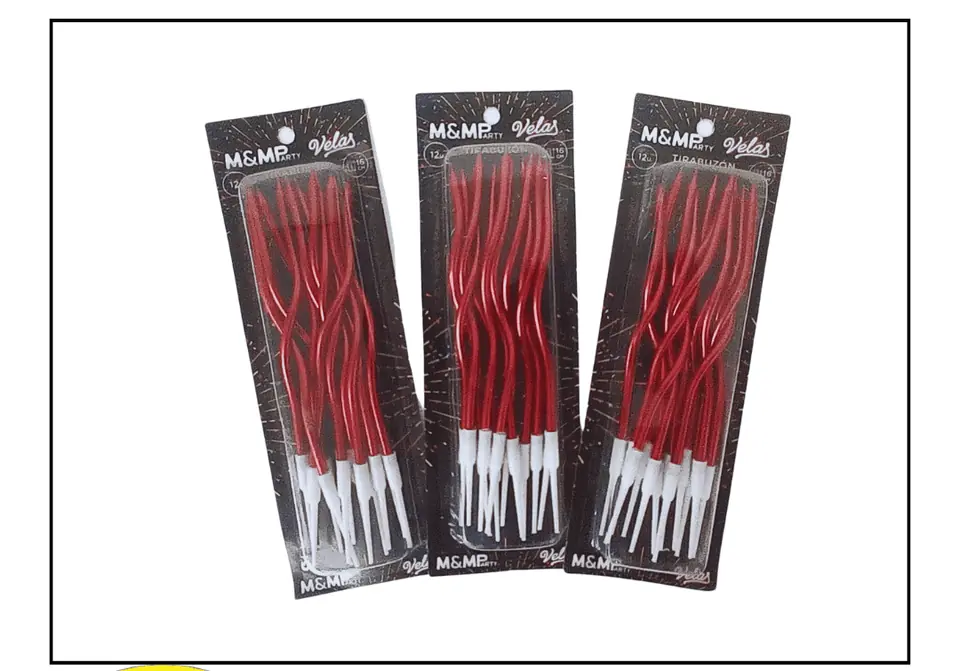 Blister vela tirabuzòn 16cm Rojo Metalizado x 12 unidades