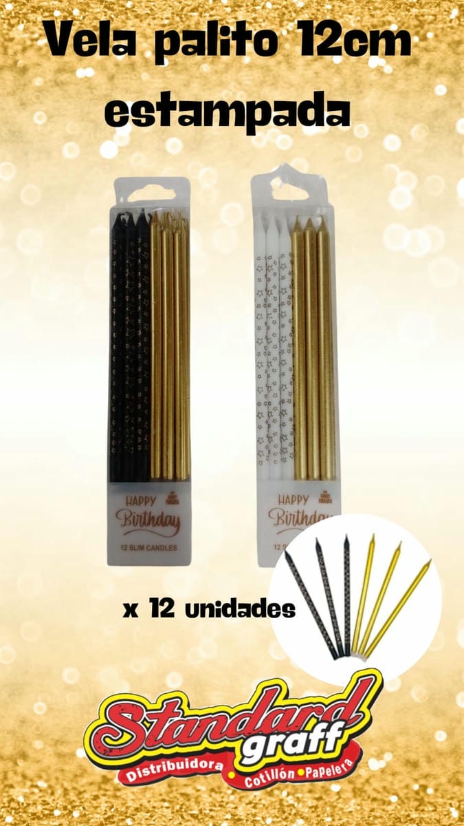 Vela palito estampada 12cm - x12un. Dorado y negro x1