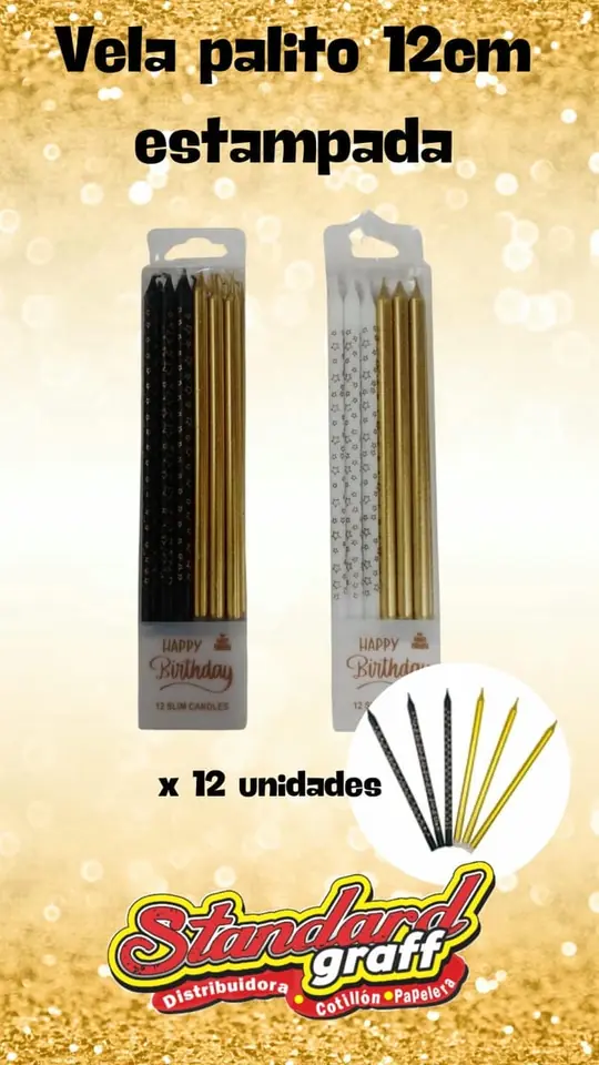 Vela palito estampada 12cm - x12un. Dorado y negro x1