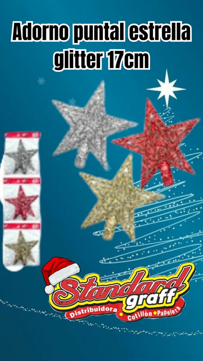 Adorno navidad puntal estrella con glitter de 17cm - x1