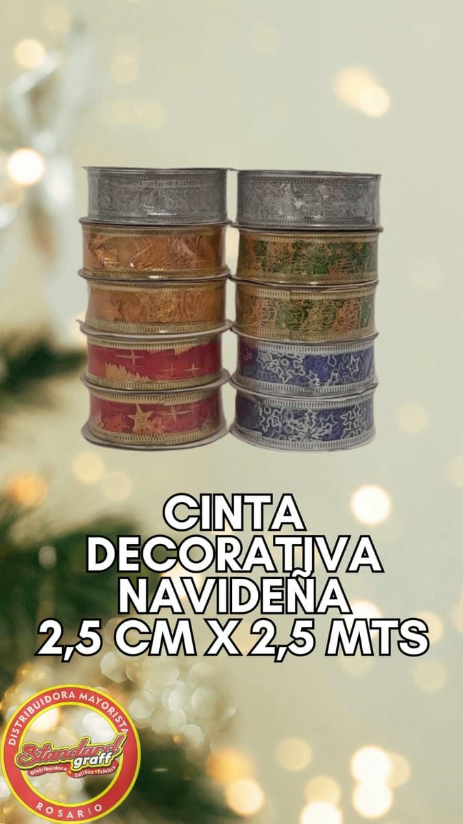 CINTA DECORATIVA NAVIDEÑA PLATA 2,5CM X 2,74MTS
