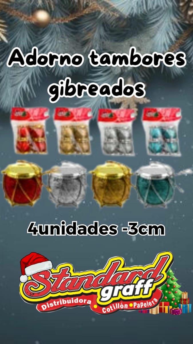 Adorno navidad tambor gibreado de 3cm - 4 un. por paquete