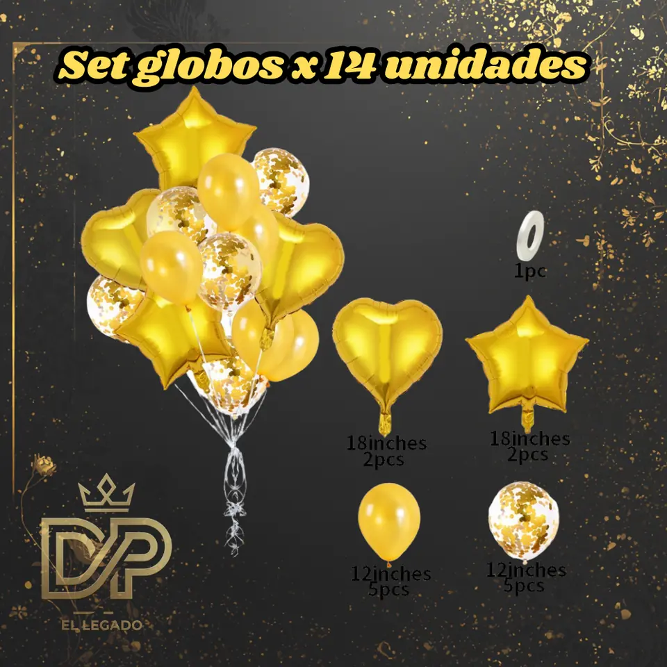 Set globos 14 unidades x1 Dorado