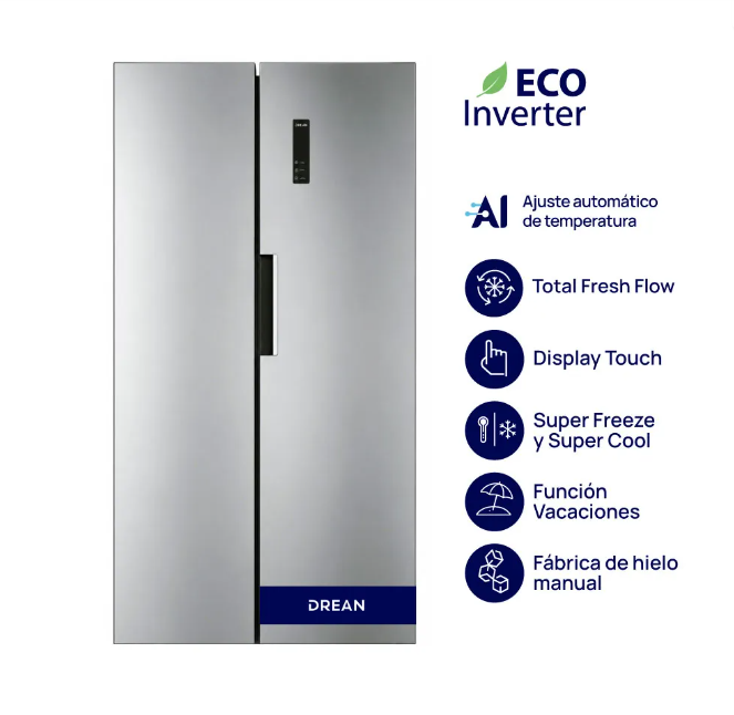 Heladera Drean Side by Side No Frost Inverter 472 Lts Acero Inoxidable DSP472LKRSS0