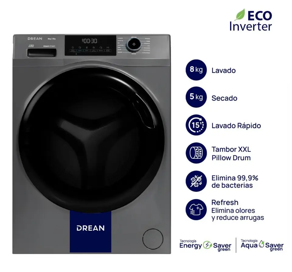 ¡GRAN BARATA! Lavasecarropas Carga Frontal Ecoinverter 8 Kg Gris Drean Lscdr0805sg0 - OUTLET