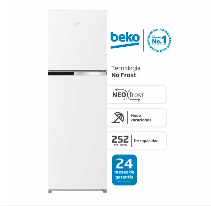 Heladera C/Freezer Beko RDNT271140WN1AR 252Lts No Frost Inverter Blanca