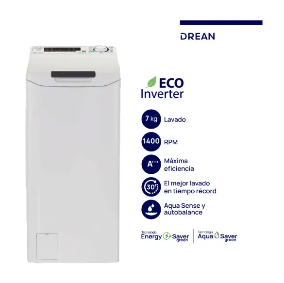 Lavarropas Drean Carga Superior Ecoinverter 7 Kg 1400 Rpm