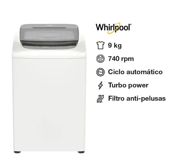 Lavarropas Whirlpool Carga Superior 9kg Blanco - 740rpm Impeller WW09HBB outlet