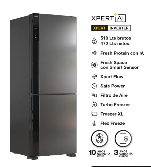 Heladera Whirlpool Negra Xpert AI No Frost Inverter 472 / 518 Lts WRE68AE outlet