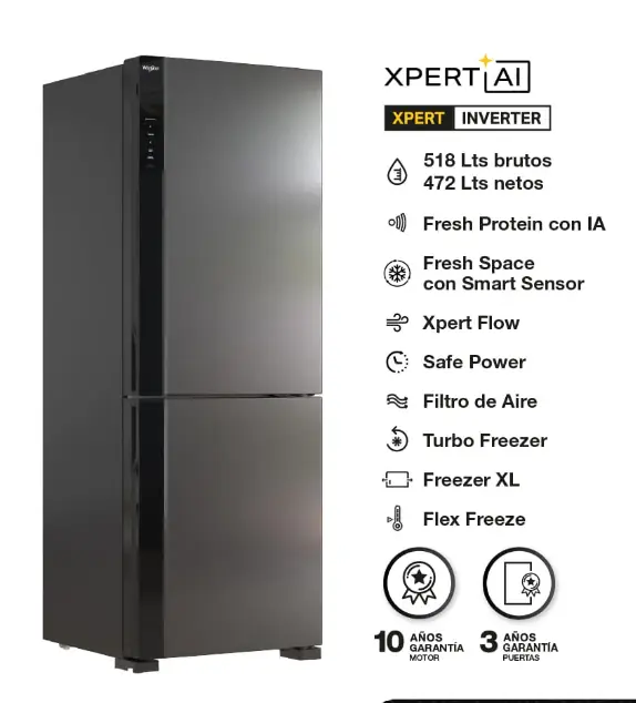 Heladera Whirlpool Negra Xpert AI No Frost Inverter 472 / 518 Lts WRE68AE outlet