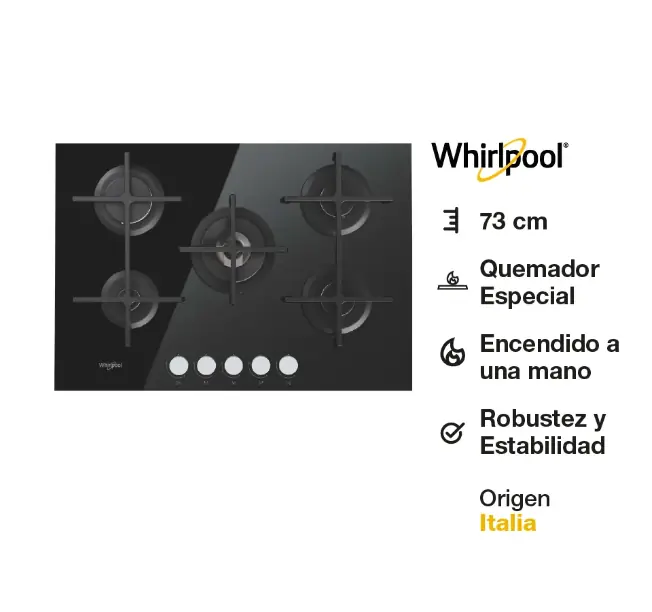 Anafe Whirlpool a gas Vidrio Templado 73 cm GOA7523NBAG