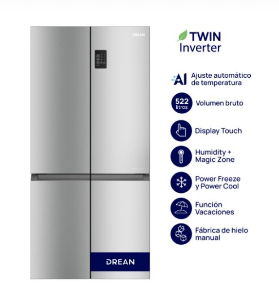 Heladera T-door Twin Inverter con IA 522 L Inox Drean DTP469LKRSS0
