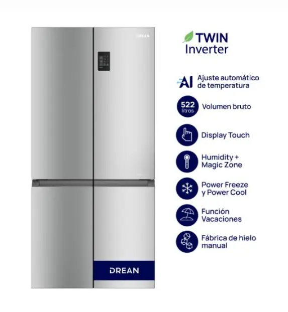 Heladera T-door Twin Inverter con IA 522 L Inox Drean DTP469LKRSS0
