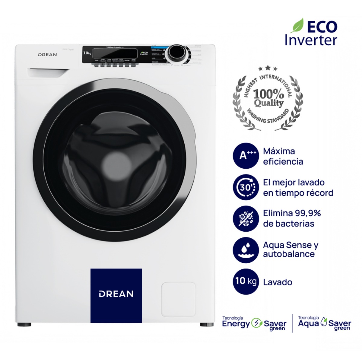 Lavarropas DREAN Carga Frontal Ecoinverter 10 Kg Blanco - LCFDR1012SB0