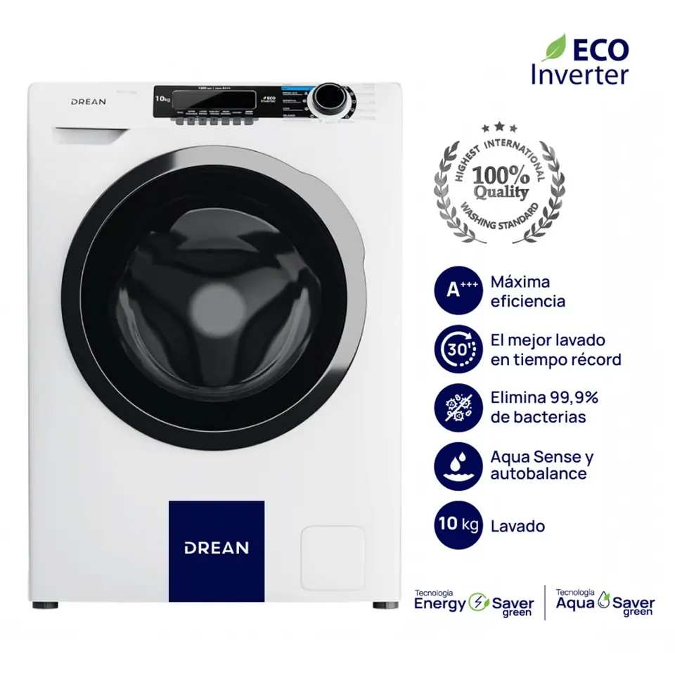 Lavarropas DREAN Carga Frontal Ecoinverter 10 Kg Blanco - LCFDR1012SB0