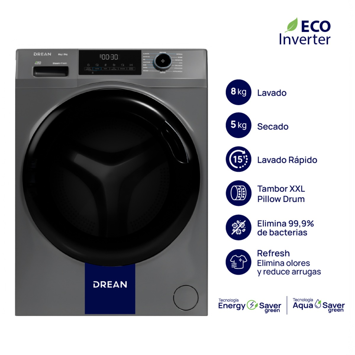 Lavasecarropas DREAN Ecoinverter 8 + 5 Kg Gris - LSCDR0805SG0